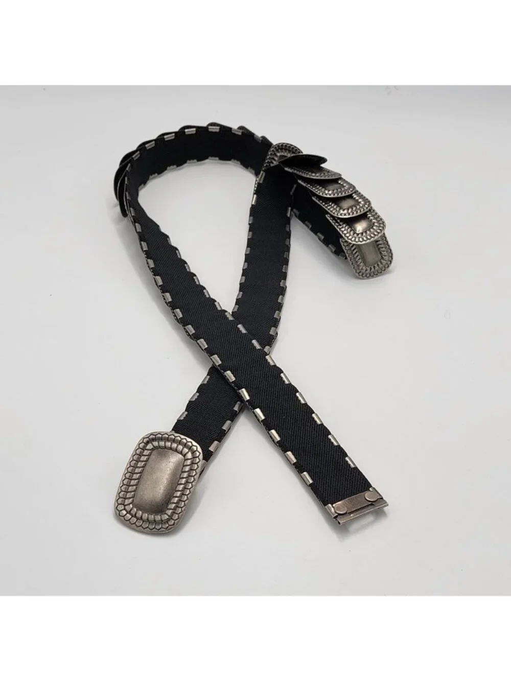 Vtg Stretchy Skinny Snake Elastic Black & Silver Metal Link Western Boho Belt Wi